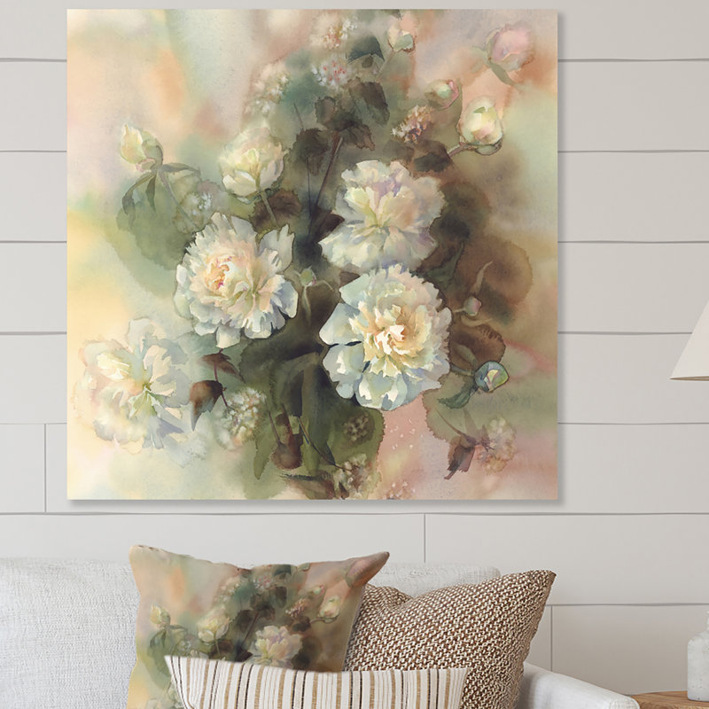 Bouquet abstrait de pivoines blanches - Décoration murale traditionnelle sur toile, H 16 po x l 16 po x P 1 po, Toile tendue