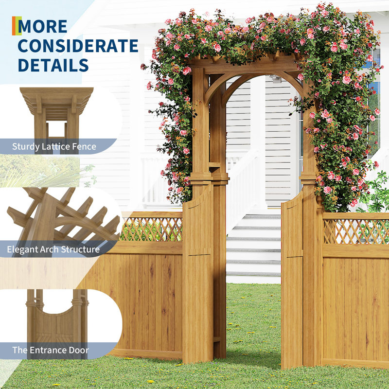 Wood Garden Arbor Trellis with Gate for Yard, Garden Decor, Beige