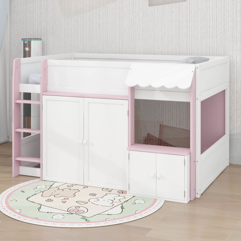 Lit mezzanine double avec rangement, porte et fenêtre, structure de lit en bois avec rangement, Blanc / Rose