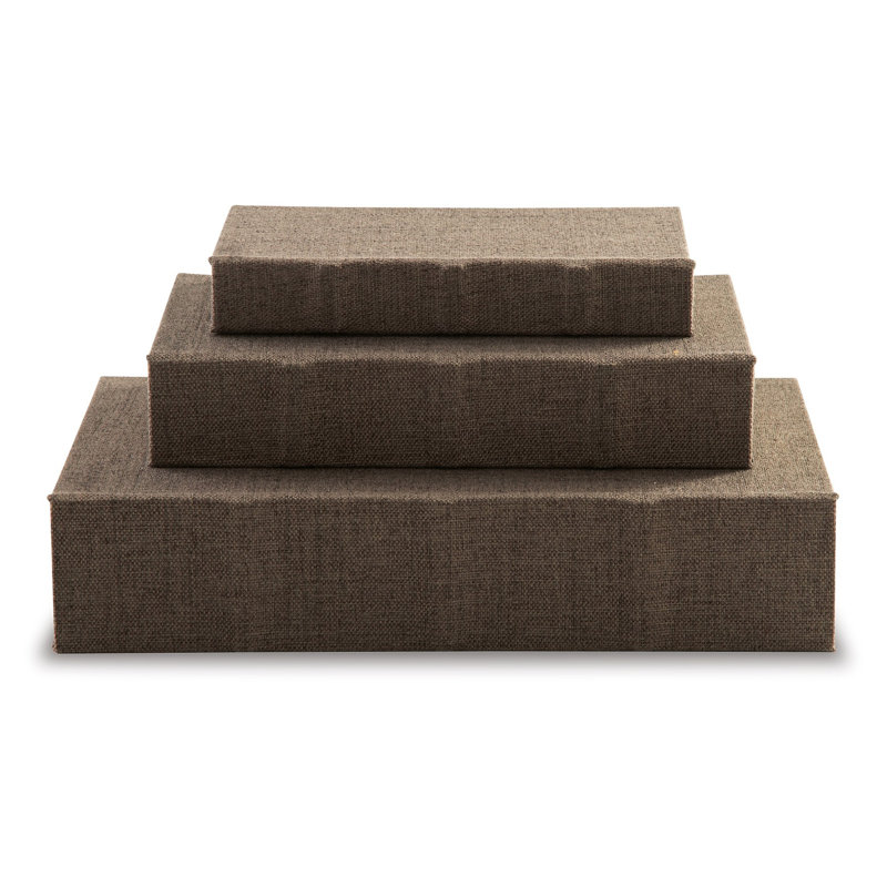 Jolly Decor Storage Book Box Set Of 3, Linen, Velvet Lining, Brown/Black