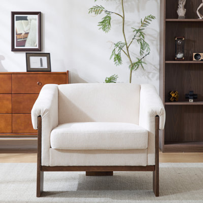 Fauteuil de style Mid-Century moderne, revêtement beige doux, coussins profonds, larges, pour le salon, la chambre à coucher, le bureau, fauteuil en tissu blanc avec coussins et une grande surface