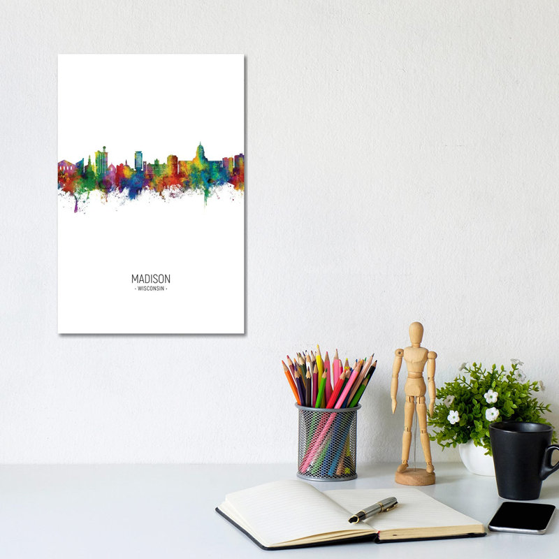 Madison Ii Wisconsin Skyline Portrait by Michael Tompsett - Wrapped Canvas Print, 20.32 cm H x 30.48 cm W