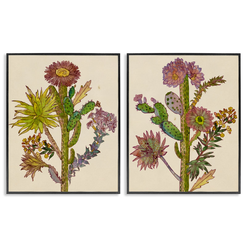 Ensemble de 2 giclées Neon Blooms Cacti, design par Melissa Wang, H 14 po x l 11 po, Giclée encadrée noir minuit