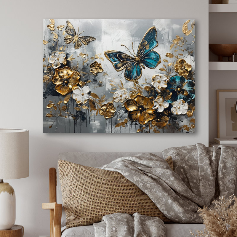 Ailes de papillon doré bleu et fleurs V - Art mural floral en métal, H 30 po x l 40 po