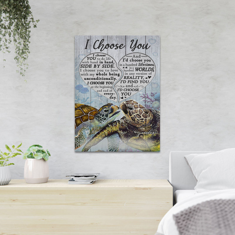Turtle Couple - I Choose You To Do Life With Hand In Hand Side By Side - 1 Piece Rectangle Graphic Art Print On Wrapped Canvas