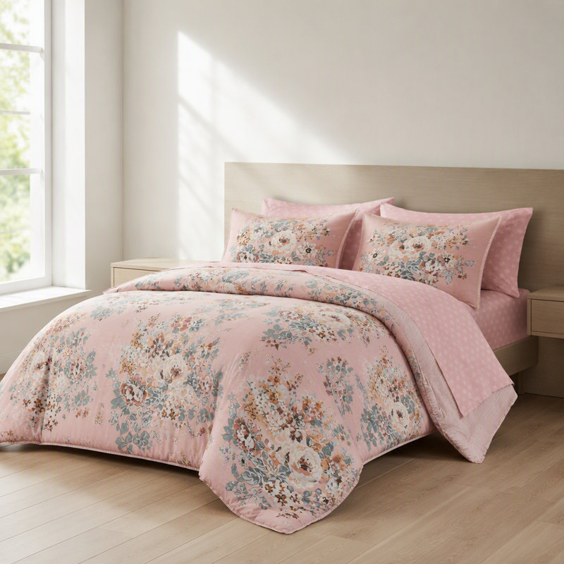5 pièces de 5 pièces à motif floral inspiré du vin, rose, Édredon simple et 1 taie décorative, Motif floral multicolore rose