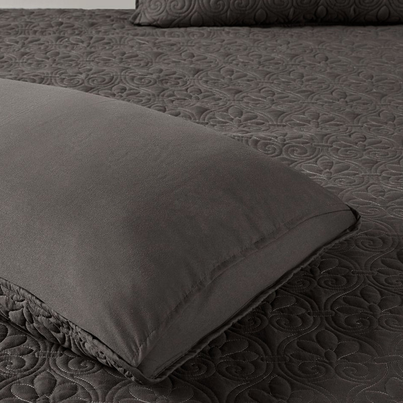 Ensemble de couvre-lit 3 pièces très grand gris foncé plissé en coin, tissu en microfibre, rembourrage 100%