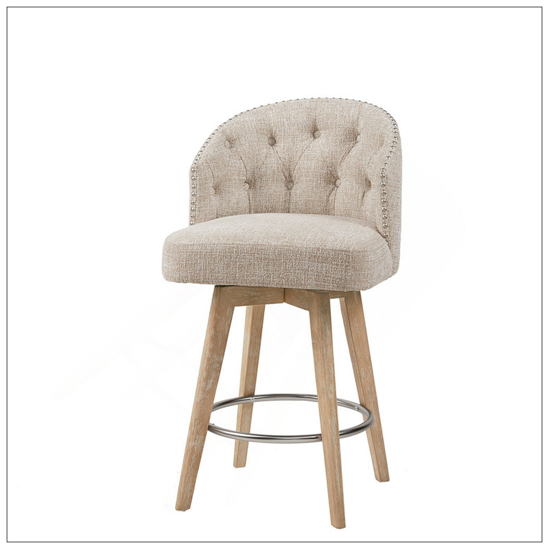 Élégant tabouret de comptoir pivotant à 360 degrés avec dossier capitonné et pieds en bois récupéré, parfait pour les salles à manger modernes.