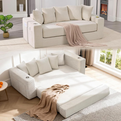  76" Convertible Sofa Bed, 2-in-1 Boneless Sleeper Sofa with Cup Holder & Pocket, Corduroy Pull Out Couch with 5 Pillows, Couch Bed for Living Room, Small Spaces, Bedroom, No Assembly, Black