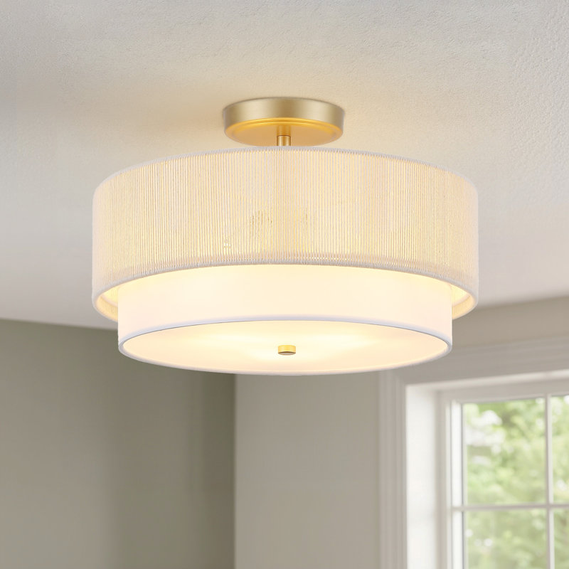 15" 3-Light Rope Drum Semi-Flush Mount Ceiling Light, Gold