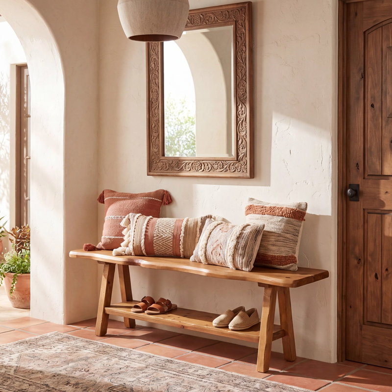 Upholstered Bench with Shelves