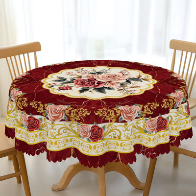 Nappe ronde rouge foncé et rose foncé à motif floral - Housse de table lavable en tissu avec accents dorés, nappe décorative festonnée pour salle à manger / patio, décoration de maison de campagne / maison de campagne durable