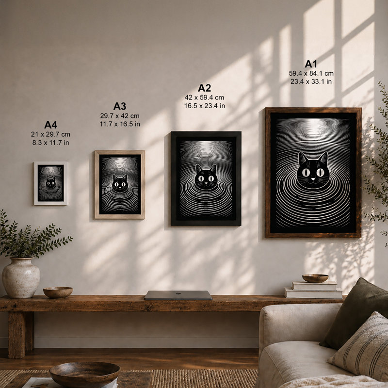 Hypnotic Cat Geometric - Framed Print, Oak, A3 - 42.0 x 29.7 cm