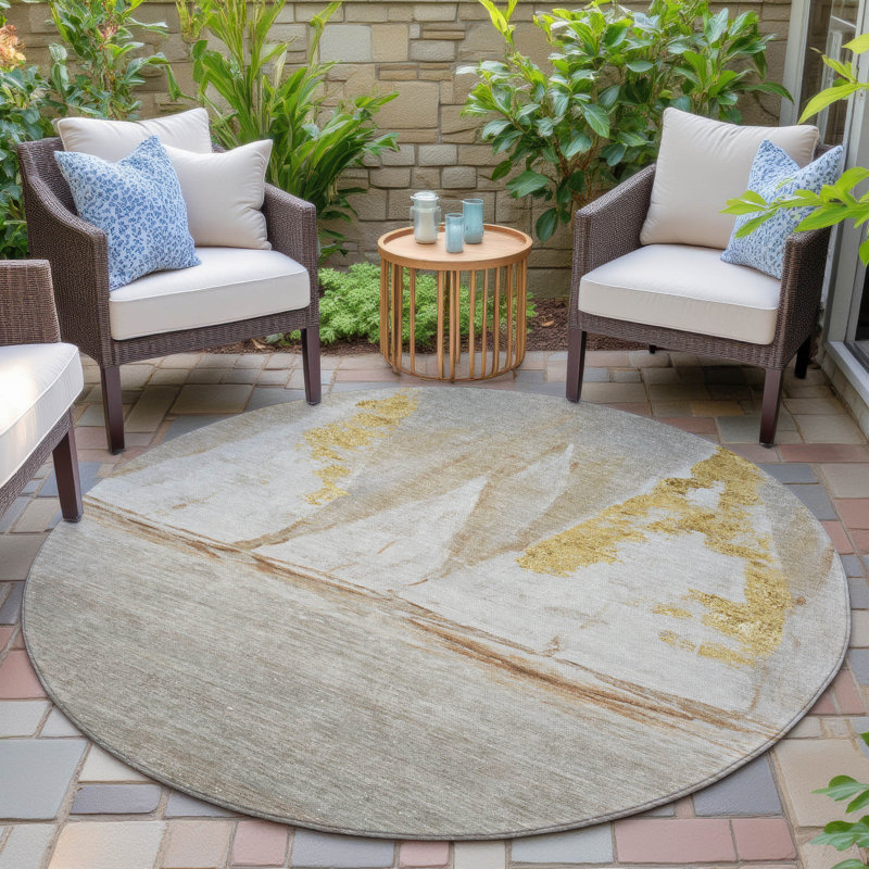Machine Washable Indoor/Outdoor Xhevrie Taupe Rug, Round 8'