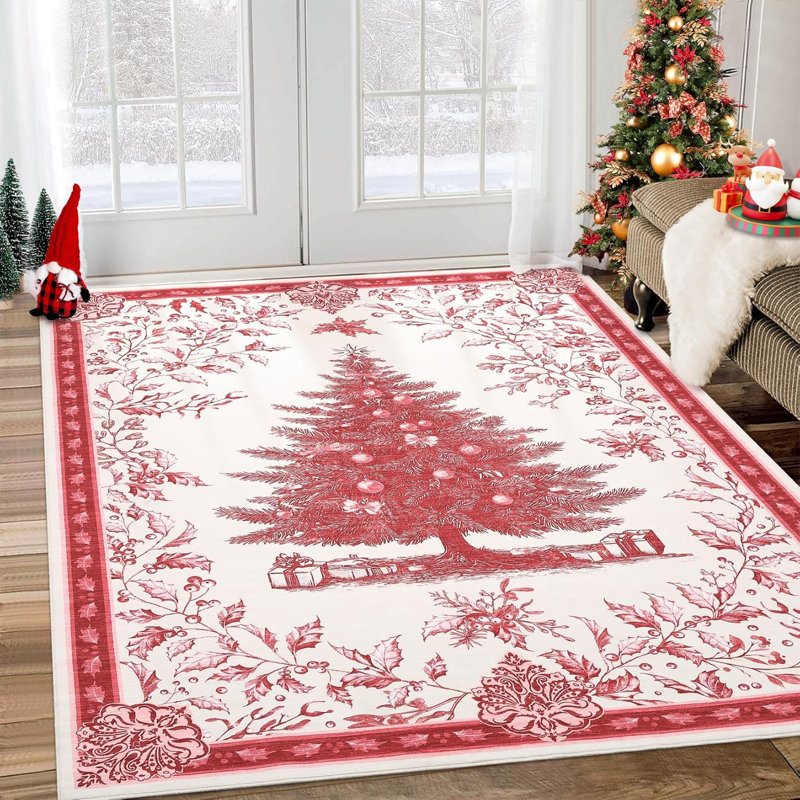 Christmas Tree Print Non-Slip Indoor Rug – Washable Soft Holiday Doormat for Entryway, Kitchen, Bathroom, Bedside -Thin Red Carpet