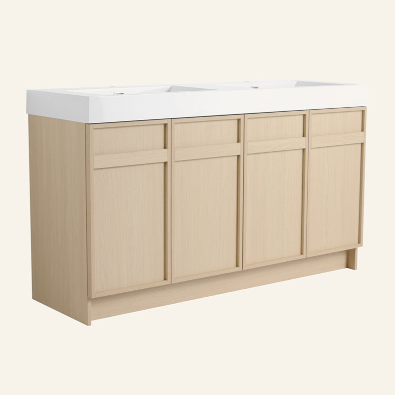 Meuble-lavabo autoportant de 60 po avec double lavabo en résine blanche et 4 portes d'armoire à fermeture en douceur