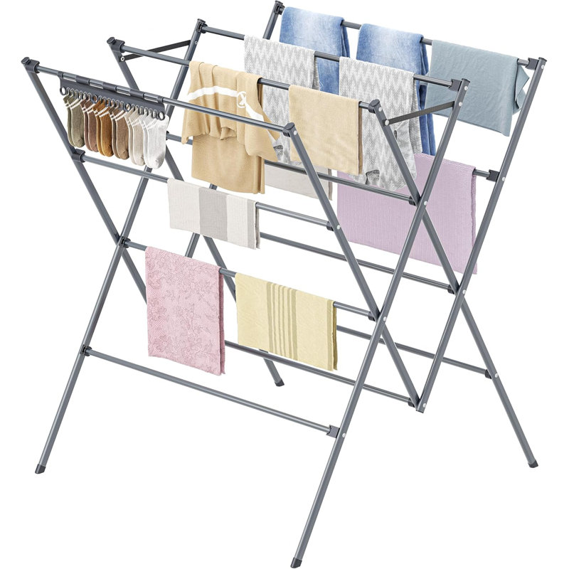 Séchoir à linge pliable à 12 tiges avec pinces à chaussettes - Support à linge en acier antirouille pour l'intérieur et l'extérieur
