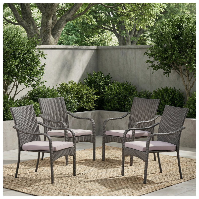 Chaise d'extérieur empilable en rotin PE avec structure en fer et coussin imperméable, gris et argent