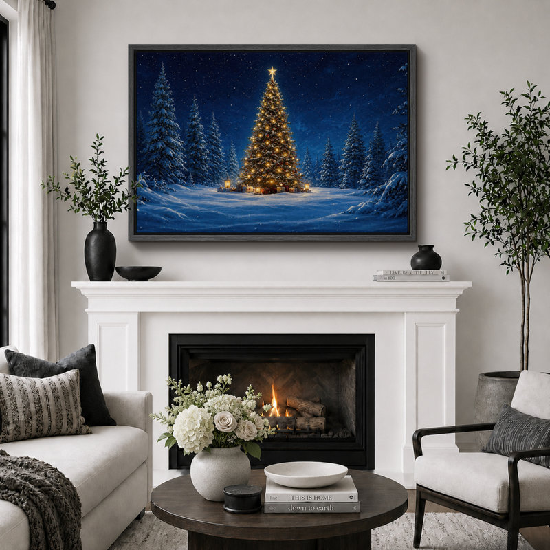 «Christmas Tree Snowy Forest Night», art du salon, impression sur toile encadrée, H 16 po x l 24 po x P 1,5 po, Cadre noir