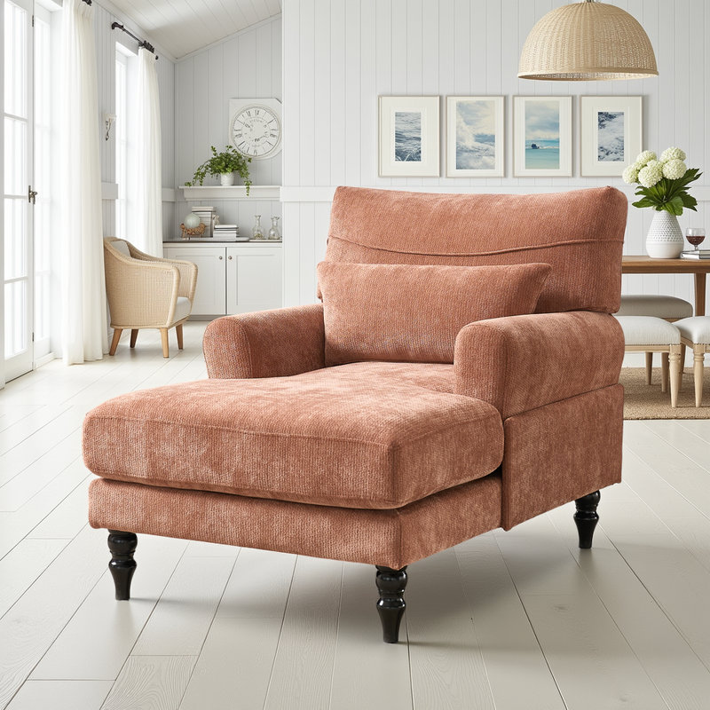 Wide Chaise Lounge Chair with Backrest & Armrest, Upholstered Recliner Sofa, Orange