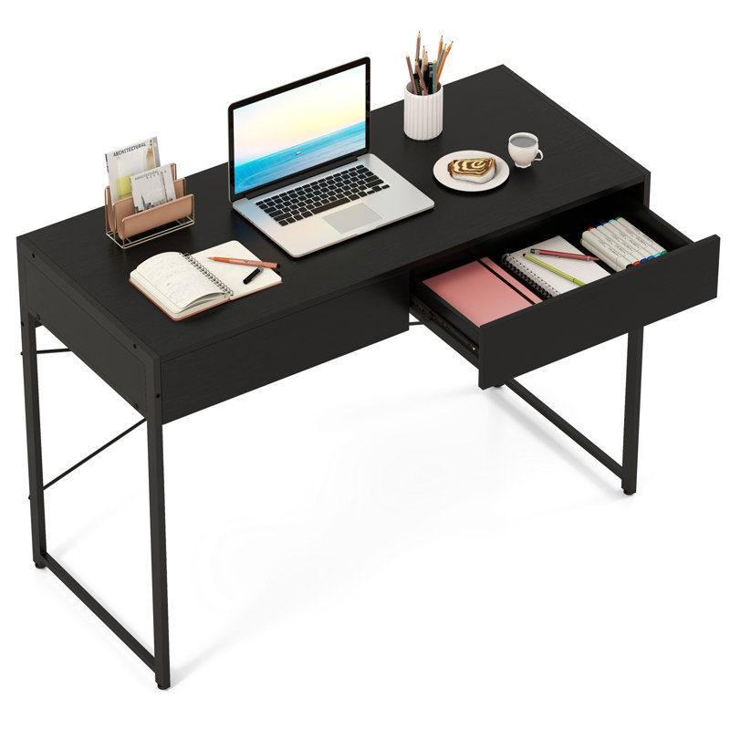 Modern 2-Drawer Computer Desk w/ Reinforced Heavy-Duty Metal Frame Anti-Tip Kit