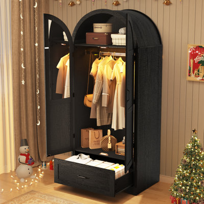 2 Doors Armoire Wardrobe Closet With Mirror & LED Sensor Light, 71" Farmhouse Arched Wood Wardrobe Cabinet With Drawers, Hanging Rod, Modern Clothing by Wrought Studio