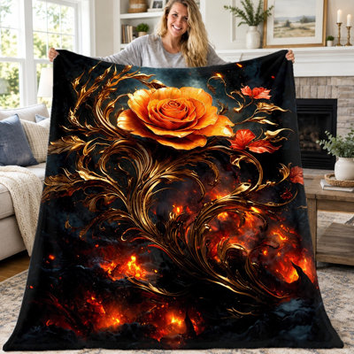 Jeté luxueux à motif de feu de rose 1pc, tourbillons dorés ornés et flanelle de flammes vibrantes, couverture douillette chaude et confortable pour canapé-lit, salon, décoration intérieure, confort toutes saisons, cadeau