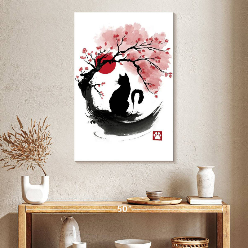 Brampt Sakura Cat Sumi-E, 30" H x 20" W