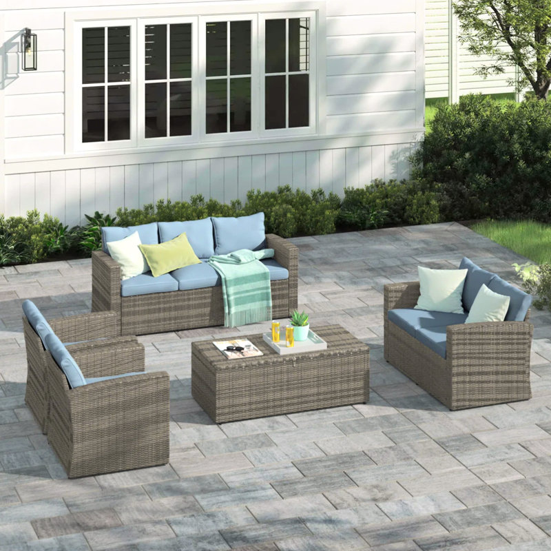 Arlington Outdoor Wicker 7 Person Seating Group with Cushions & Storage,  Light Gray Frame/Light Blue Cushion