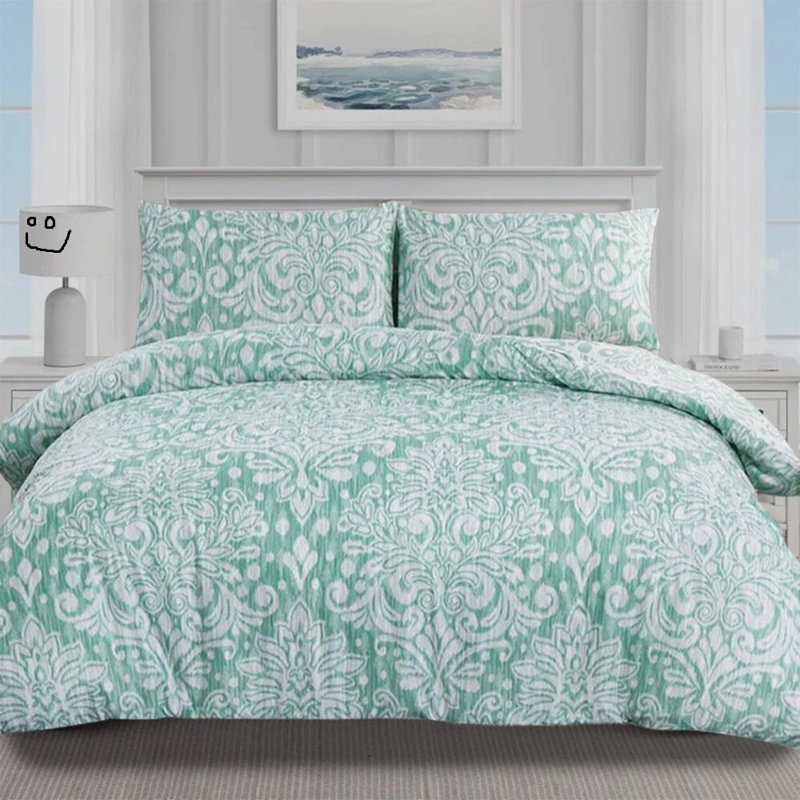 Cotton Patchwork Duvet Cover Set, Green Damask, King Size Duvet Cover + 3 Additional Pieces