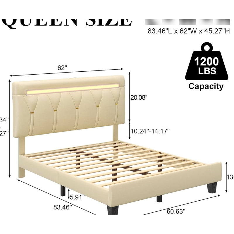 Base de lit pour grand lit avec lumières à DEL, charge intégrée et tête de lit réglable. Créez une chambre à coucher relaxante avec plus de 60000 couleurs, ayez 2 ports de prises de courant. Silent Night 9 lattes en bois massif Silent Night