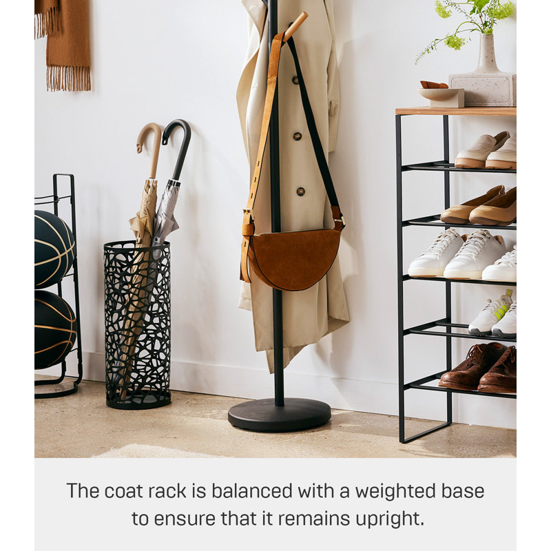 Sleek Yamazaki Black Freestanding Coat Rack with Wood-Tipped Hooks