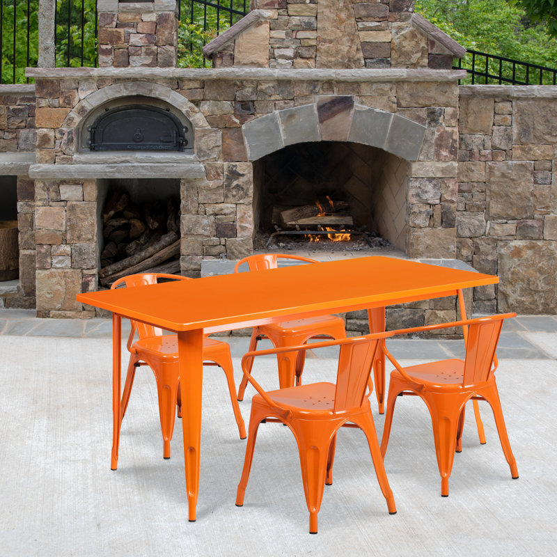 Lubron 31.5'' x 63'' Rectangular Metal Indoor-Outdoor Table Set with 4 Arm Chairs, Orange, 5
