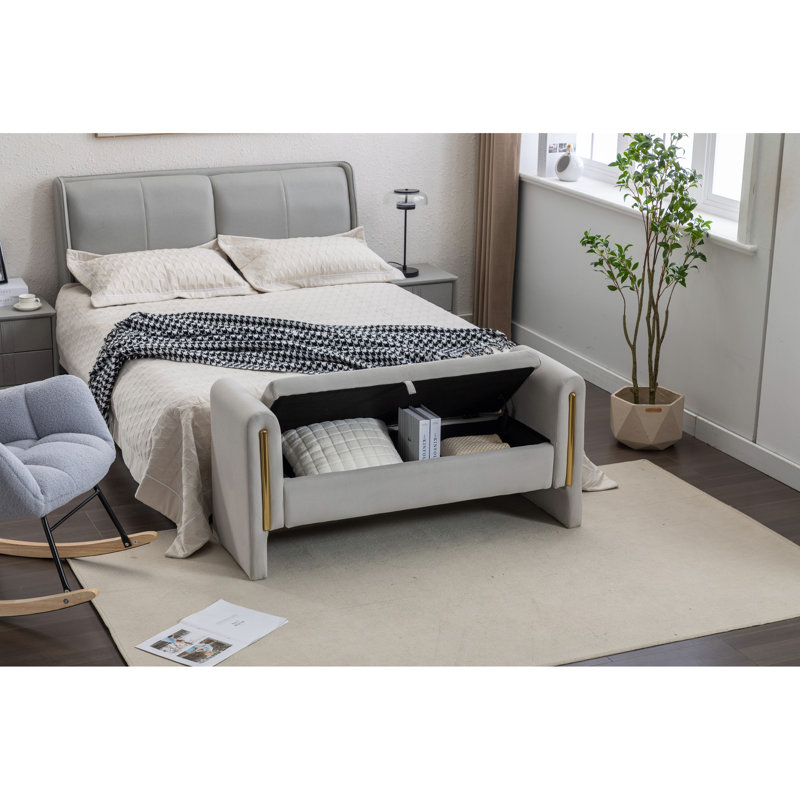Banc de rangement en velours avec bande de garniture en métal doré 032-Velours, Gris clair