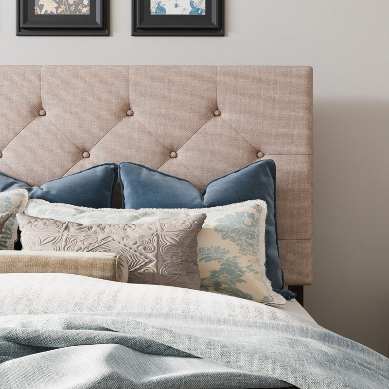 Silvester Modern Upholstered Platform Storage Bed with Wooden Slats, no box spring needed, King, Beige Diamond Polyester