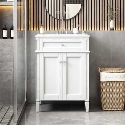 Meuble-lavabo 24 po avec 2 portes et tiroir coulissant, armoire de rangement pour salle de bain avec lavabo, portes à fermeture en douceur avec organisateurs