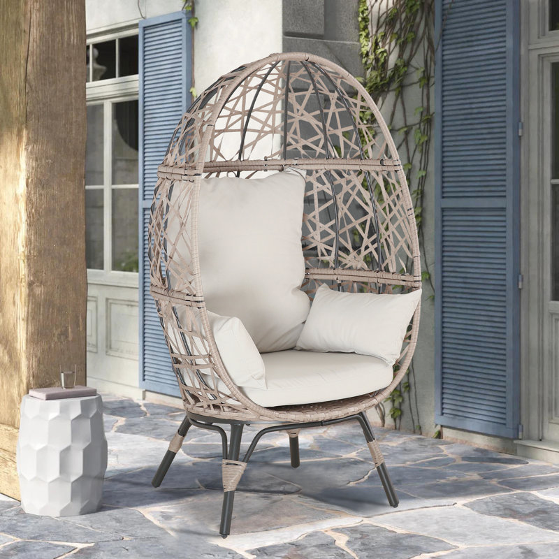 Egg-Shaped Beige Wicker Patio Chair with Cushions
