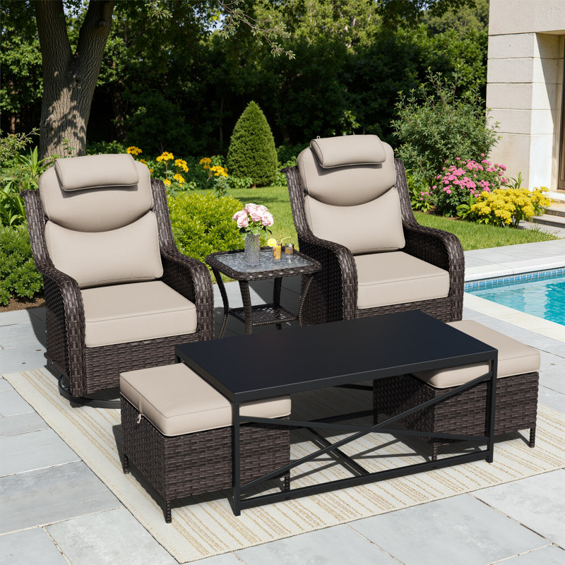 Adcox 2-Person Outdoor Rattan Patio Furniture Set with Swivel Chairs,Headrest Pillows,Ottomans,Tables & Beige Cushions, Beige