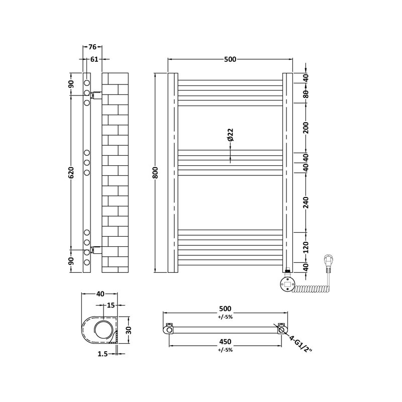 Straight Towel Rail Heated Towel Rails, 80" H x 19.7" W x 7.6" D, 450