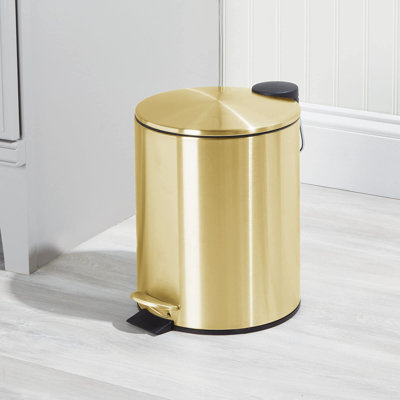 Metal 1.3 Gallon/5 Liter Round Step Trash Wastebasket, Garbage Container Bin With Lid For Bathroom, Powder Room, Bedroom, Kitchen, Craft Room, Office - Removable Liner Bucket - Soft Brass