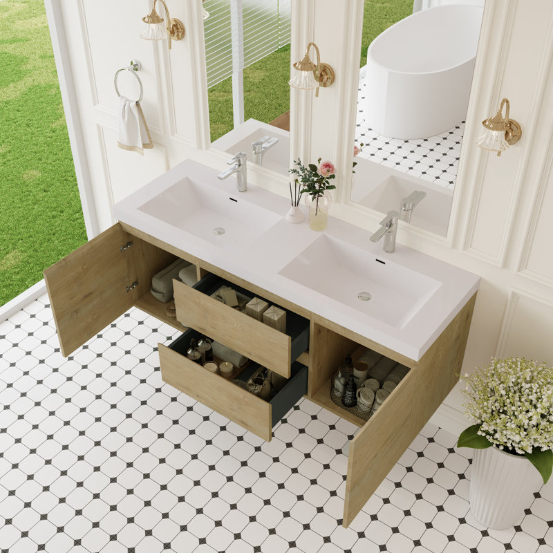 Ensemble de meuble-lavabo mural 60 po, Chêne naturel, Blanc lustré