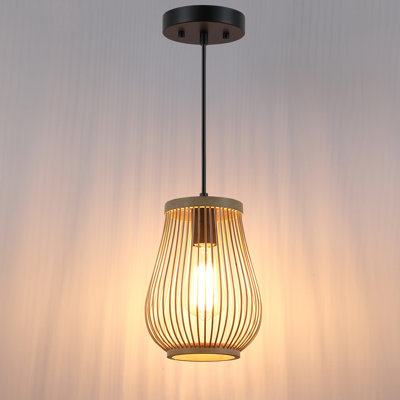 1 Light Matte Black Shaded Pendant Light with Rattan Shade
