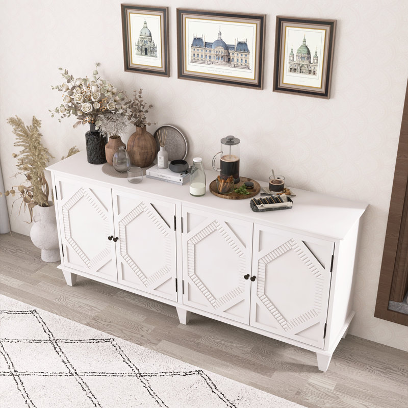 Buffet Mid-Century moderne avec portes géométriques symétriques, Blanc