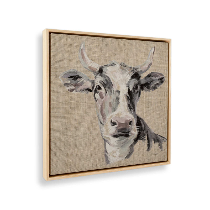 «Expressionistic Cow II Neutral Burlap» par Silvia Vassileva, reproduction d'art, 30 W x 30 H, Maple, Framed Canvas