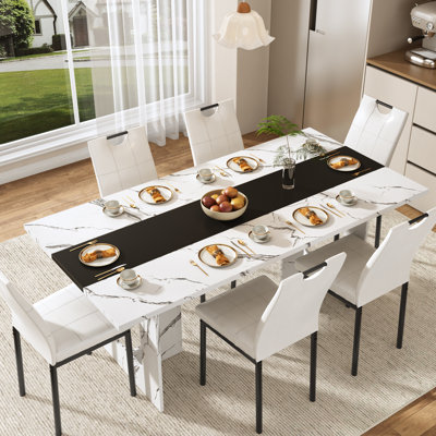 Ensemble de table et chaises de salle à manger 7 pièces, table de salle à manger rectangulaire de 71 po avec pieds en bois, table de cuisine avec 6 chaises pour la salle à manger, le salon, le restaurant ou la cantine