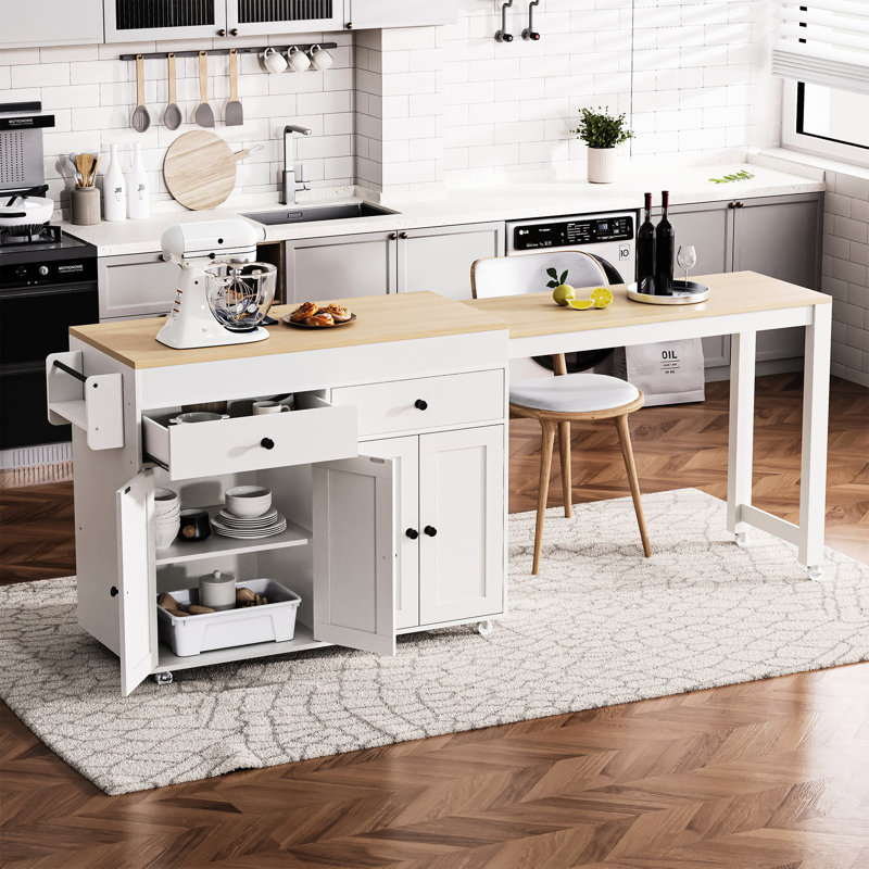 Kitchen Island With 27" Extendable Dining Table, 4 Door Cabinet, 2 Drawers, 7 Lockable Wheels And White Doors, Removable Universal Spice Rack,