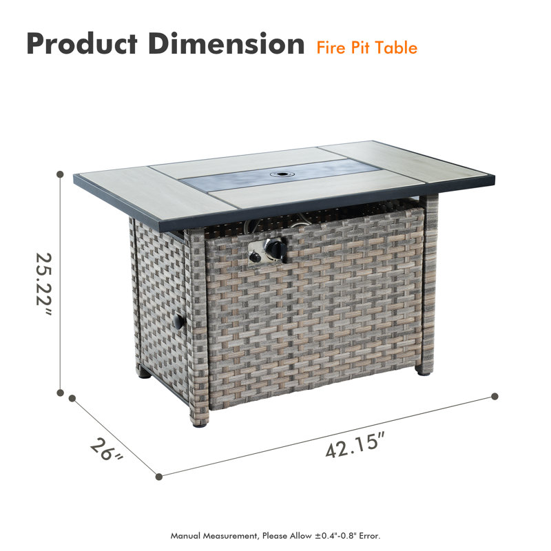 26"D X 42.15"W Rectangular Outdoor Fire Pit Table,Wicker Rattan Propane Heater For Patio, Garden, Backyard
