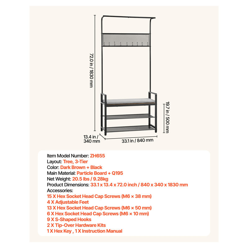 Portemanteau, portemanteau 72 po avec banc à chaussures, range-chaussures autoportant à 2 niveaux avec crochets, tringle et tablette grillagée, porte-manteau d'entrée en acier pour l'entrée, la chambre à coucher, le placard