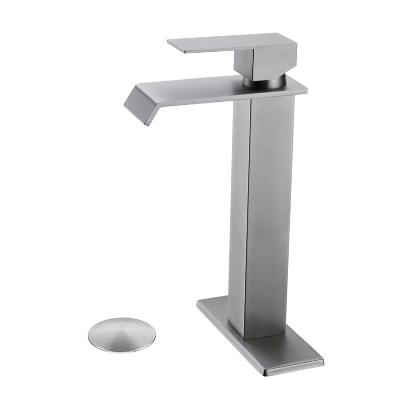Robinet de lavabo de salle de bain à poignée simple avec bonde escamotable Waterfall, Nickel brossé