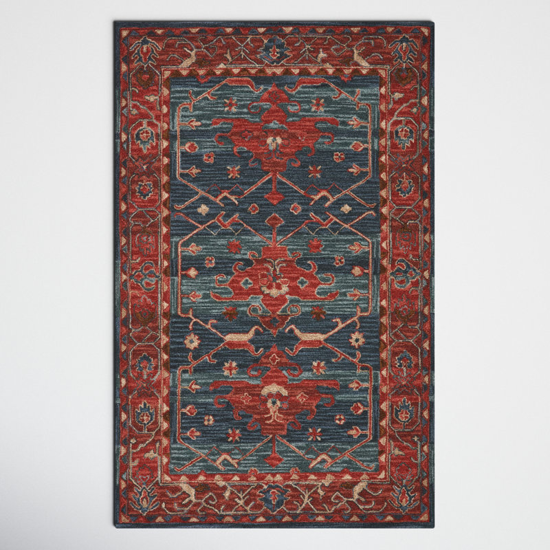 Corla Oriental Handmade Tufted Wool Red/Blue Area Rug, Rectangle 5' x 8'